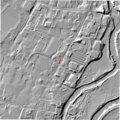 Shaded relief map of the ground around DE141JS, computed from Environment Agency LiDAR. The ground here sits at about 46 m above sea level and falls 5 m across the surrounding 800 m. Surface water reaching this point runs off ground lying to the south, 1.9 m higher.