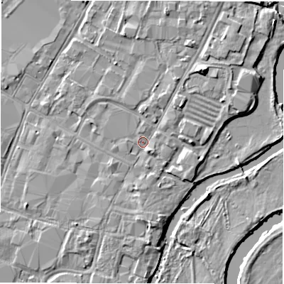 Shaded relief map of the ground around DE141JW, computed from Environment Agency LiDAR. The ground here sits at about 45 m above sea level and falls 5 m across the surrounding 800 m. Surface water reaching this point runs off ground lying to the south, 1.9 m higher.