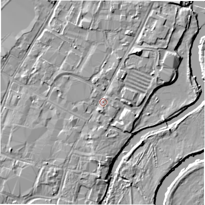 Shaded relief map of the ground around DE141JY, computed from Environment Agency LiDAR. The ground here sits at about 45 m above sea level and falls 5 m across the surrounding 800 m. Surface water reaching this point runs off ground lying to the south, 1.9 m higher.