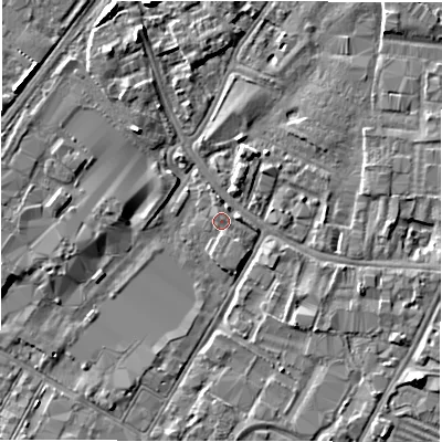 Shaded relief map of the ground around DE141JZ, computed from Environment Agency LiDAR. The ground here sits at about 45 m above sea level and falls 6 m across the surrounding 800 m. Surface water reaching this point runs off ground lying to the south-south-east, 0.6 m higher.