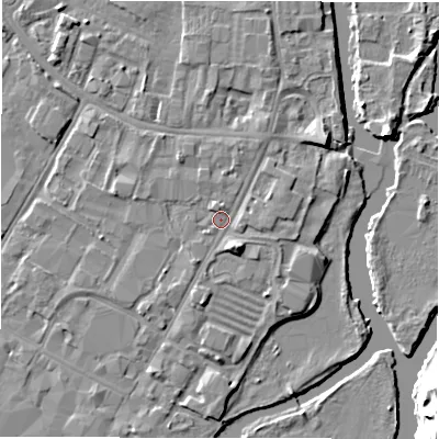 Shaded relief map of the ground around DE141LD, computed from Environment Agency LiDAR. The ground here sits at about 46 m above sea level and falls 12 m across the surrounding 800 m. Surface water reaching this point runs off ground lying to the south-south-east, 2.7 m higher.