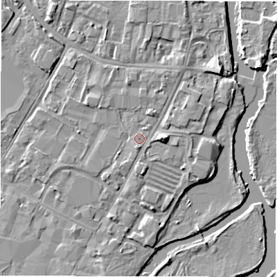 Shaded relief map of the ground around DE141LE, computed from Environment Agency LiDAR. The ground here sits at about 46 m above sea level and falls 5 m across the surrounding 800 m. Surface water reaching this point runs off ground lying to the south, 0.9 m higher.