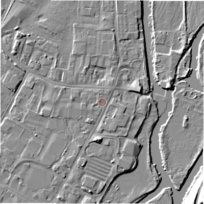 Shaded relief map of the ground around DE141LJ, computed from Environment Agency LiDAR. The ground here sits at about 46 m above sea level and falls 15 m across the surrounding 800 m. Surface water reaching this point runs off ground lying to the north-north-east, 1.0 m higher.