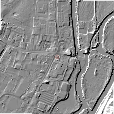 Shaded relief map of the ground around DE141LL, computed from Environment Agency LiDAR. The ground here sits at about 46 m above sea level and falls 16 m across the surrounding 800 m. Surface water reaching this point runs off ground lying to the south-south-east, 1.2 m higher.