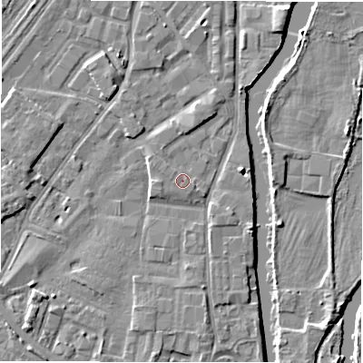 Shaded relief map of the ground around DE141LS, computed from Environment Agency LiDAR. The ground here sits at about 46 m above sea level and falls 5 m across the surrounding 800 m. Surface water reaching this point runs off ground lying to the east-north-east, 1.0 m higher.