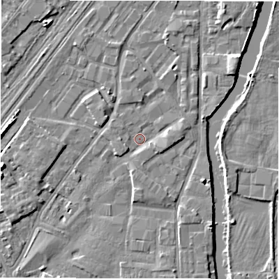 Shaded relief map of the ground around DE141LX, computed from Environment Agency LiDAR. The ground here sits at about 45 m above sea level and falls 8 m across the surrounding 800 m. Surface water reaching this point runs off ground lying to the east, 2.0 m higher.