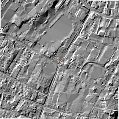 Shaded relief map of the ground around DE141NA, computed from Environment Agency LiDAR. The ground here sits at about 45 m above sea level and falls 4 m across the surrounding 800 m. Surface water reaching this point runs off ground lying to the south-south-east, 2.1 m higher.