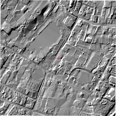 Shaded relief map of the ground around DE141NB, computed from Environment Agency LiDAR. The ground here sits at about 45 m above sea level and falls 3 m across the surrounding 800 m. Surface water reaching this point runs off ground lying to the east-north-east, 2.2 m higher.