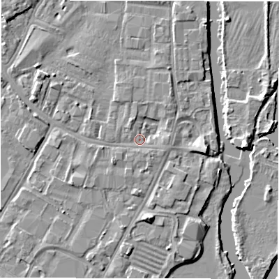 Shaded relief map of the ground around DE141NG, computed from Environment Agency LiDAR. The ground here sits at about 46 m above sea level and falls 5 m across the surrounding 800 m. Surface water reaching this point runs off ground lying to the north-north-west, 1.7 m higher.