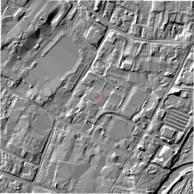 Shaded relief map of the ground around DE141NQ, computed from Environment Agency LiDAR. The ground here sits at about 45 m above sea level and falls 4 m across the surrounding 800 m. Surface water reaching this point runs off ground lying to the south-south-east, 0.6 m higher.