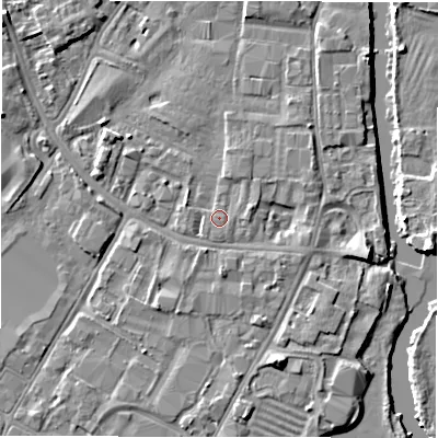 Shaded relief map of the ground around DE141NR, computed from Environment Agency LiDAR. The ground here sits at about 46 m above sea level and falls 5 m across the surrounding 800 m. Surface water reaching this point runs off ground lying to the east-north-east, 1.0 m higher.