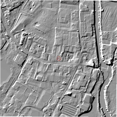 Shaded relief map of the ground around DE141NT, computed from Environment Agency LiDAR. The ground here sits at about 46 m above sea level and falls 5 m across the surrounding 800 m. Surface water reaching this point runs off ground lying to the north-north-east, 1.7 m higher.