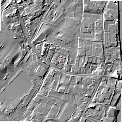 Shaded relief map of the ground around DE141PA, computed from Environment Agency LiDAR. The ground here sits at about 45 m above sea level and falls 7 m across the surrounding 800 m. Surface water reaching this point runs off ground lying to the south-west, 0.7 m higher.
