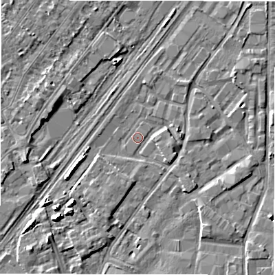 Shaded relief map of the ground around DE141PD, computed from Environment Agency LiDAR. The ground here sits at about 45 m above sea level and falls 7 m across the surrounding 800 m. Surface water reaching this point runs off ground lying to the south-west, 0.8 m higher.