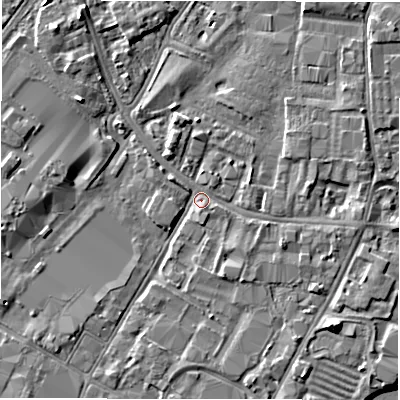 Shaded relief map of the ground around DE141PG, computed from Environment Agency LiDAR. The ground here sits at about 45 m above sea level and falls 4 m across the surrounding 800 m. Surface water reaching this point runs off ground lying to the east, 1.9 m higher.