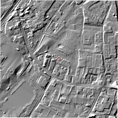 Shaded relief map of the ground around DE141PH, computed from Environment Agency LiDAR. The ground here sits at about 45 m above sea level and falls 7 m across the surrounding 800 m. Surface water reaching this point runs off ground lying to the east-south-east, 1.5 m higher.