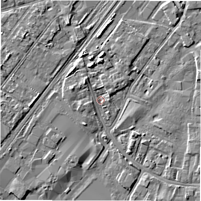 Shaded relief map of the ground around DE141PJ, computed from Environment Agency LiDAR. The ground here sits at about 45 m above sea level and falls 6 m across the surrounding 800 m. Surface water reaching this point runs off ground lying to the north-west, 3.4 m higher.