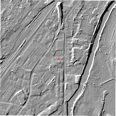 Shaded relief map of the ground around DE141PL, computed from Environment Agency LiDAR. The ground here sits at about 45 m above sea level and falls 10 m across the surrounding 800 m. Surface water reaching this point runs off ground lying to the south-west, 1.7 m higher.