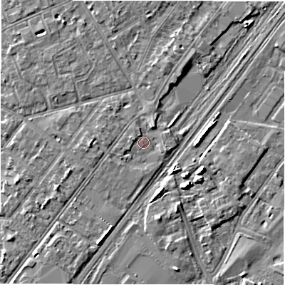 Shaded relief map of the ground around DE141PP, computed from Environment Agency LiDAR. The ground here sits at about 46 m above sea level and falls 6 m across the surrounding 800 m. Surface water reaching this point runs off ground lying to the north-east, 2.2 m higher.