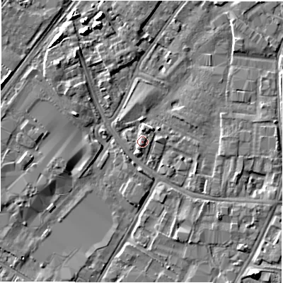 Shaded relief map of the ground around DE141PQ, computed from Environment Agency LiDAR. The ground here sits at about 46 m above sea level and falls 6 m across the surrounding 800 m. Surface water reaching this point runs off ground lying to the south-west, 1.6 m higher.