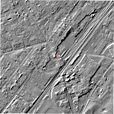 Shaded relief map of the ground around DE141PS, computed from Environment Agency LiDAR. The ground here sits at about 46 m above sea level and falls 6 m across the surrounding 800 m. Surface water reaching this point runs off ground lying to the west, 1.6 m higher.