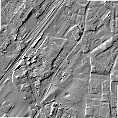 Shaded relief map of the ground around DE141PT, computed from Environment Agency LiDAR. The ground here sits at about 45 m above sea level and falls 6 m across the surrounding 800 m. Surface water reaching this point runs off ground lying to the west-south-west, 3.5 m higher.