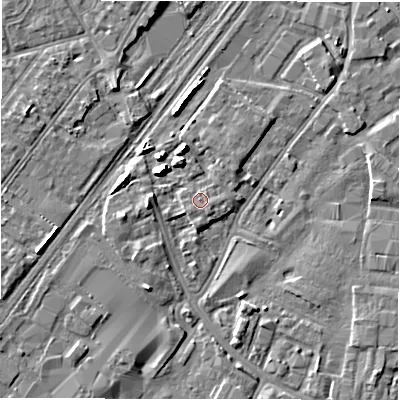 Shaded relief map of the ground around DE141PU, computed from Environment Agency LiDAR. The ground here sits at about 46 m above sea level and falls 6 m across the surrounding 800 m. Surface water reaching this point runs off ground lying to the south-east, 0.9 m higher.