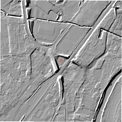 Shaded relief map of the ground around DE141PW, computed from Environment Agency LiDAR. The ground here sits at about 45 m above sea level and falls 10 m across the surrounding 800 m. Surface water reaching this point runs off ground lying to the south-south-west, 7.0 m higher.