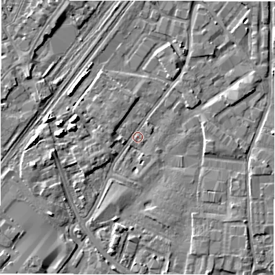 Shaded relief map of the ground around DE141PX, computed from Environment Agency LiDAR. The ground here sits at about 45 m above sea level and falls 6 m across the surrounding 800 m. Surface water reaching this point runs off ground lying to the north-west, 4.8 m higher.