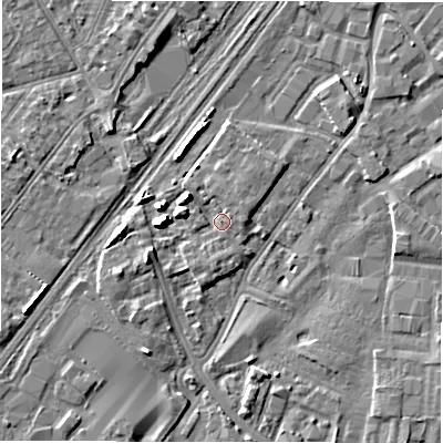 Shaded relief map of the ground around DE141PY, computed from Environment Agency LiDAR. The ground here sits at about 46 m above sea level and falls 6 m across the surrounding 800 m. Surface water reaching this point runs off ground lying to the north-west, 5.1 m higher.