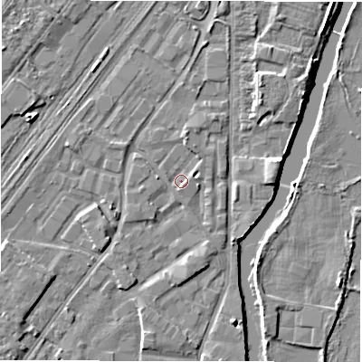 Shaded relief map of the ground around DE141PZ, computed from Environment Agency LiDAR. The ground here sits at about 45 m above sea level and falls 6 m across the surrounding 800 m. Surface water reaching this point runs off ground lying to the east-north-east, 1.0 m higher.