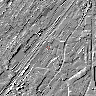 Shaded relief map of the ground around DE141QA, computed from Environment Agency LiDAR. The ground here sits at about 45 m above sea level and falls 7 m across the surrounding 800 m. Surface water reaching this point runs off ground lying to the south-west, 4.6 m higher.