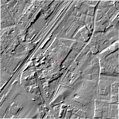 Shaded relief map of the ground around DE141QB, computed from Environment Agency LiDAR. The ground here sits at about 46 m above sea level and falls 6 m across the surrounding 800 m. The ground contributing surface water to this point lies to the south.