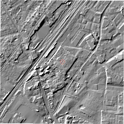 Shaded relief map of the ground around DE141QD, computed from Environment Agency LiDAR. The ground here sits at about 46 m above sea level and falls 6 m across the surrounding 800 m. Surface water reaching this point runs off ground lying to the south-south-east, 0.5 m higher.