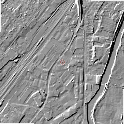 Shaded relief map of the ground around DE141QE, computed from Environment Agency LiDAR. The ground here sits at about 45 m above sea level and falls 9 m across the surrounding 800 m. Surface water reaching this point runs off ground lying to the north-north-east, 6.7 m higher.