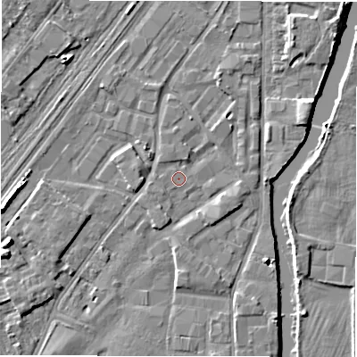 Shaded relief map of the ground around DE141QF, computed from Environment Agency LiDAR. The ground here sits at about 45 m above sea level and falls 8 m across the surrounding 800 m. Surface water reaching this point runs off ground lying to the south-south-west, 1.2 m higher.