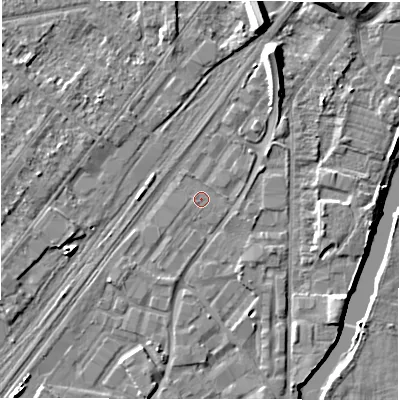 Shaded relief map of the ground around DE141QG, computed from Environment Agency LiDAR. The ground here sits at about 45 m above sea level and falls 9 m across the surrounding 800 m. Surface water reaching this point runs off ground lying to the south-south-west, 0.7 m higher.