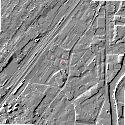 Shaded relief map of the ground around DE141QH, computed from Environment Agency LiDAR. The ground here sits at about 45 m above sea level and falls 8 m across the surrounding 800 m. Surface water reaching this point runs off ground lying to the north-east, 0.7 m higher.