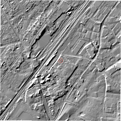 Shaded relief map of the ground around DE141QJ, computed from Environment Agency LiDAR. The ground here sits at about 46 m above sea level and falls 6 m across the surrounding 800 m. Surface water reaching this point runs off ground lying to the west-south-west, 3.8 m higher.