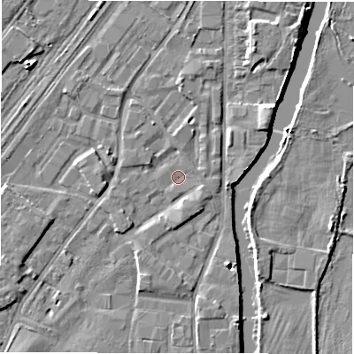 Shaded relief map of the ground around DE141QL, computed from Environment Agency LiDAR. The ground here sits at about 45 m above sea level and falls 5 m across the surrounding 800 m. Surface water reaching this point runs off ground lying to the south-south-east, 2.0 m higher.