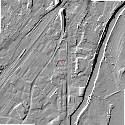 Shaded relief map of the ground around DE141QN, computed from Environment Agency LiDAR. The ground here sits at about 45 m above sea level and falls 10 m across the surrounding 800 m. Surface water reaching this point runs off ground lying to the south-south-west, 1.7 m higher.