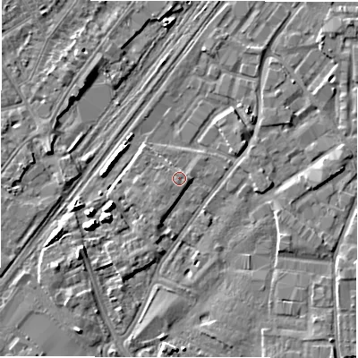 Shaded relief map of the ground around DE141QP, computed from Environment Agency LiDAR. The ground here sits at about 46 m above sea level and falls 6 m across the surrounding 800 m. The ground contributing surface water to this point lies to the north-north-east.
