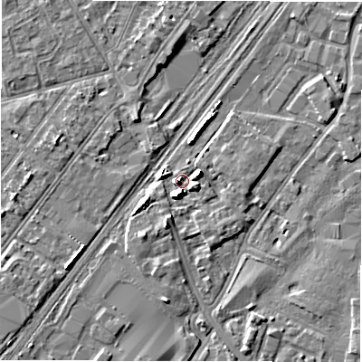 Shaded relief map of the ground around DE141QQ, computed from Environment Agency LiDAR. The ground here sits at about 47 m above sea level and falls 6 m across the surrounding 800 m. Surface water reaching this point runs off ground lying to the south, 5.4 m higher.