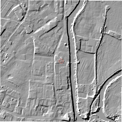 Shaded relief map of the ground around DE141QR, computed from Environment Agency LiDAR. The ground here sits at about 46 m above sea level and falls 5 m across the surrounding 800 m. Surface water reaching this point runs off ground lying to the east, 0.7 m higher.