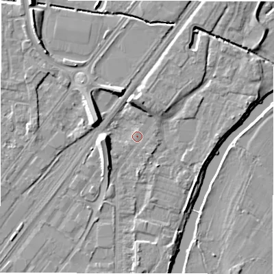 Shaded relief map of the ground around DE141QS, computed from Environment Agency LiDAR. The ground here sits at about 45 m above sea level and falls 10 m across the surrounding 800 m. Surface water reaching this point runs off ground lying to the west, 7.9 m higher.