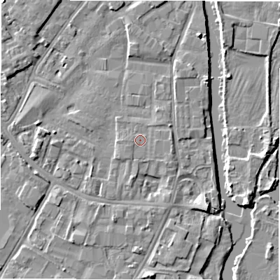 Shaded relief map of the ground around DE141QT, computed from Environment Agency LiDAR. The ground here sits at about 46 m above sea level and falls 5 m across the surrounding 800 m. Surface water reaching this point runs off ground lying to the east-south-east, 0.8 m higher.