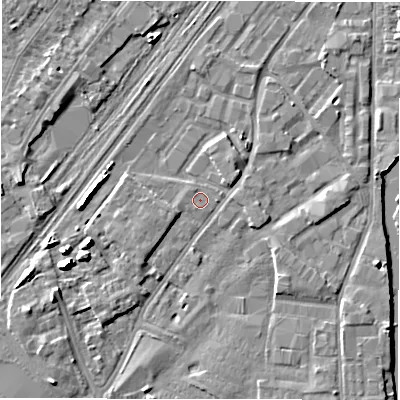 Shaded relief map of the ground around DE141QX, computed from Environment Agency LiDAR. The ground here sits at about 45 m above sea level and falls 7 m across the surrounding 800 m. The ground contributing surface water to this point lies to the north-west.