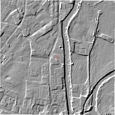 Shaded relief map of the ground around DE141QY, computed from Environment Agency LiDAR. The ground here sits at about 46 m above sea level and falls 5 m across the surrounding 800 m. Surface water reaching this point runs off ground lying to the south-west, 0.8 m higher.