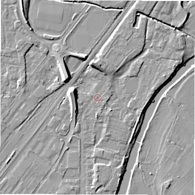 Shaded relief map of the ground around DE141QZ, computed from Environment Agency LiDAR. The ground here sits at about 45 m above sea level and falls 10 m across the surrounding 800 m. Surface water reaching this point runs off ground lying to the west-north-west, 7.9 m higher.