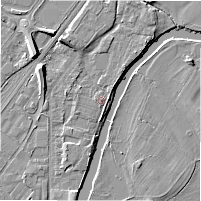 Shaded relief map of the ground around DE141RA, computed from Environment Agency LiDAR. The ground here sits at about 45 m above sea level and falls 10 m across the surrounding 800 m. Surface water reaching this point runs off ground lying to the north-north-west, 2.7 m higher.